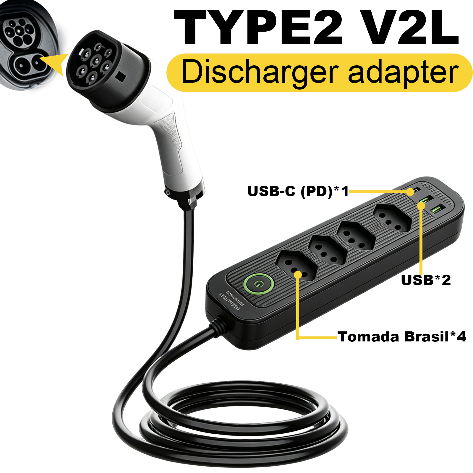 Outdoor Powerwall - Type2 V2L-ontladingsadapter 16A Braziliaanse stekker EV