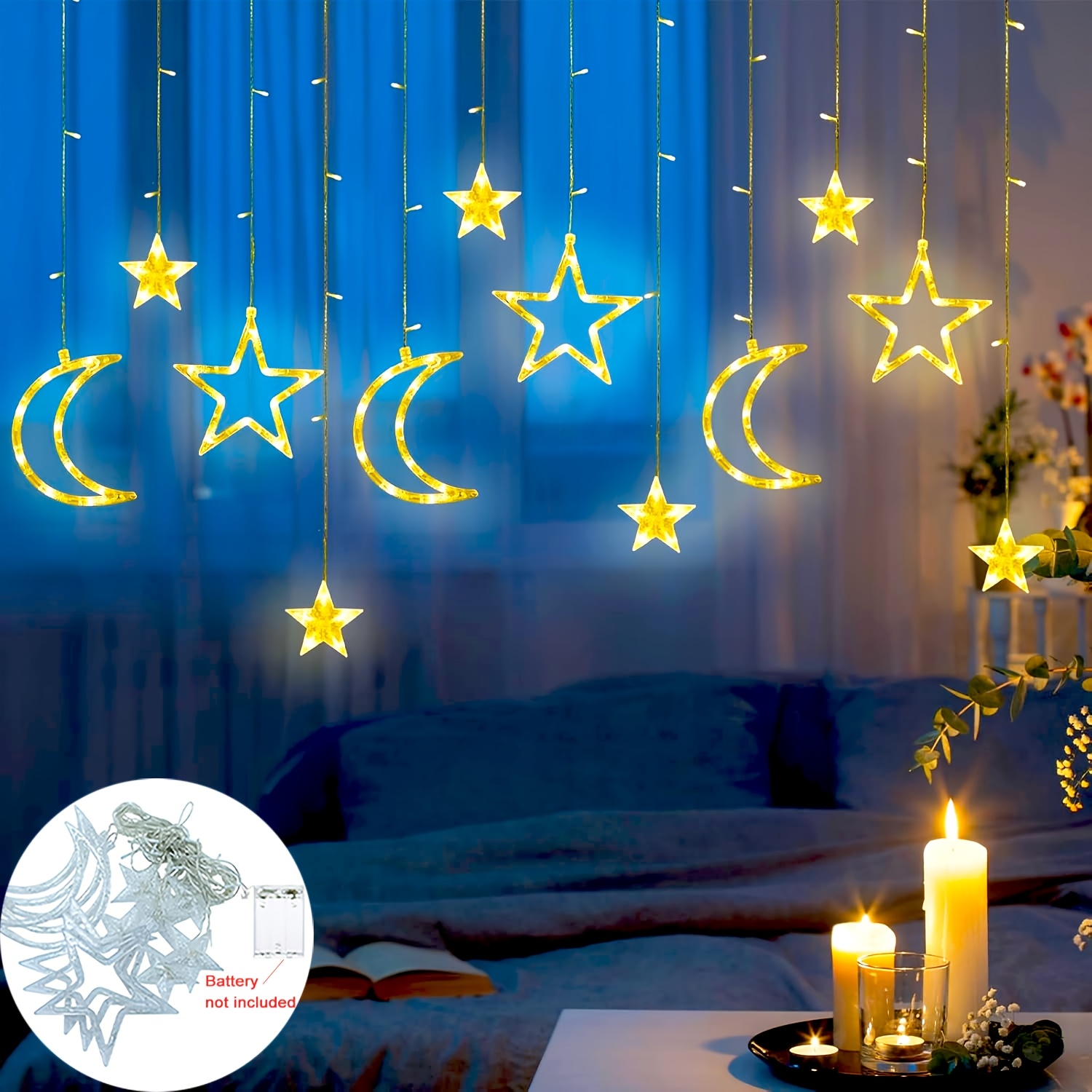 Outdoor Power For Xmas Lights - 3,5 m Star Moon LED-gordijnslingerlicht Batterijvoeding
